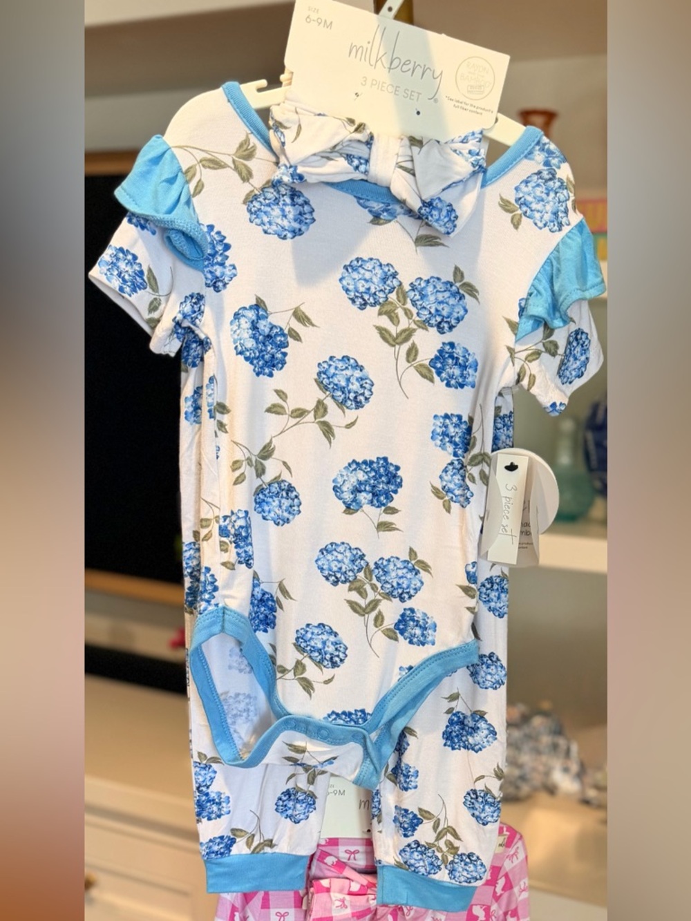 Milkberry Bamboo Rayon Blue Hydrangea 3-Piece Onesie Set 6-9 Months